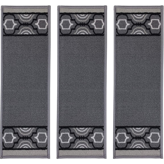 Stair Treads Skid Slip Resistant Backing Indoor Carpet Stair Treads Trellis Border Design 8 ½ inch x 26 ¼ inch (Set of 3, Grey Black)