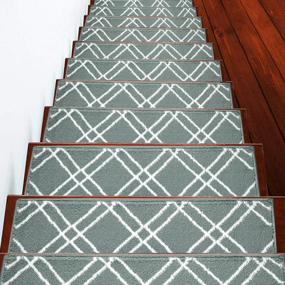 Carpet Stair Treads for Wooden Steps - Indoor Staircase Step Treads with Thick Carpet & Pattern Design, 9'' x 28'', Teal & White, Pack of 13