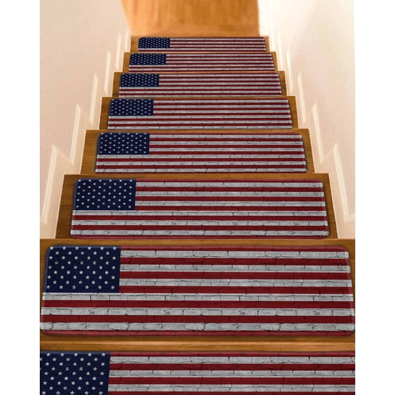 Stair Treads for Wooden Steps, American Flag Peel and Stick Stair Treads with Adhesive, Vintage Brick Wall Star Striped Red Blue Non Slip Indoor Stairs Runner Rugs Mats for Elders Dogs 8"x30"4PCS