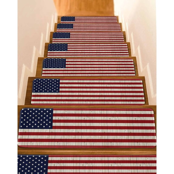 Stair Treads for Wooden Steps, American Flag Peel and Stick Stair Treads with Adhesive, Vintage Wooden Star Striped Red Blue Non Slip Indoor Stairs Runner Rugs Mats for Elders Dogs 8"x30"4PCS