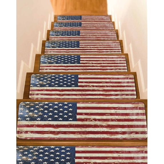Stair Treads for Wooden Steps, American Flag Peel and Stick Stair Treads with Reusable Adhesive, Vintage Blue Red USA Flag Retro Non Slip Indoor Stairs Runner Rugs Mats for Elders Dogs 8"x30" 4PCS