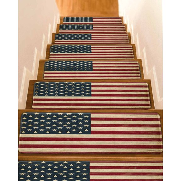 Stair Treads for Wooden Steps, American Flag Peel and Stick Stair Treads with Reusable Adhesive, Vintage Red BlueUSA Flag Non Slip Indoor Stairs Runner Rugs Mats for Elders Dogs 8"x30" 10PCS