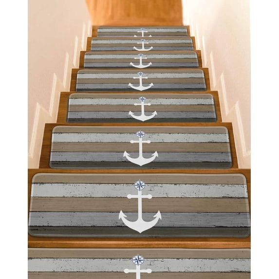 Stair Treads for Wooden Steps, Anchor Brown Peel and Stick Stair Treads with Adhesive, Nautical Grey Rustic Farmhouse Wood Grain Non Slip Indoor Stairs Runner Rugs Mats for Elders Dogs 8"x30"4PCS