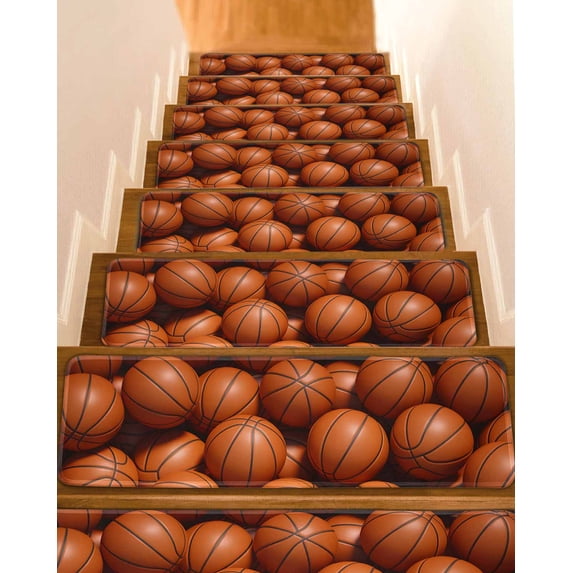 Stair Treads for Wooden Steps, Basketball Peel and Stick Stair Treads with Reusable Adhesive, Sports Brown Basketball Non Slip Indoor Stairs Runner Rugs Mats for Elders Dogs 8"x30" 4PCS