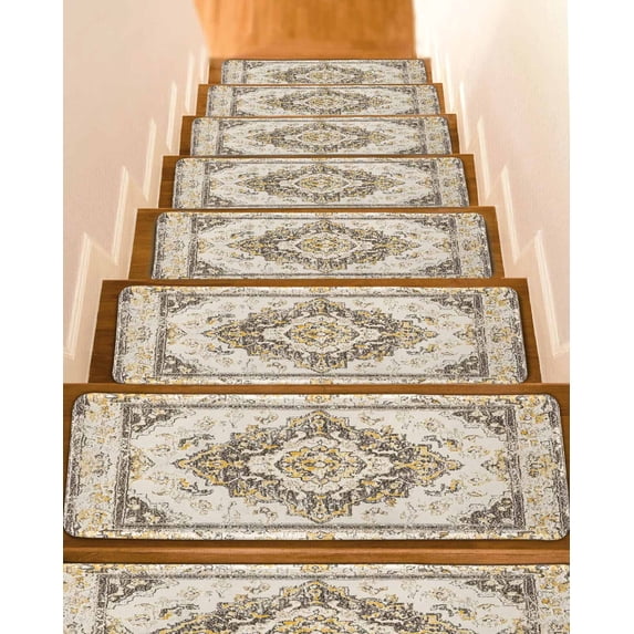 Stair Treads for Wooden Steps,Beige Vintage Boho Peel and Stick Stair Treads with Adhesive,Ethnic Tribal Geometric Abstract Non Slip Indoor Stairs Runner Rugs Mats for Elders Dogs 8"x30" 7PCS