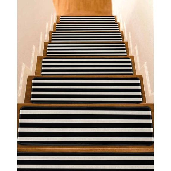 Stair Treads for Wooden Steps,Black Beige Striped Peel and Stick Stair Treads with Reusable Adhesive,Vintage Geometric Line Simple Non Slip Indoor Stairs Runner Rugs Mats for Elders Dogs 8"x30" 4PCS