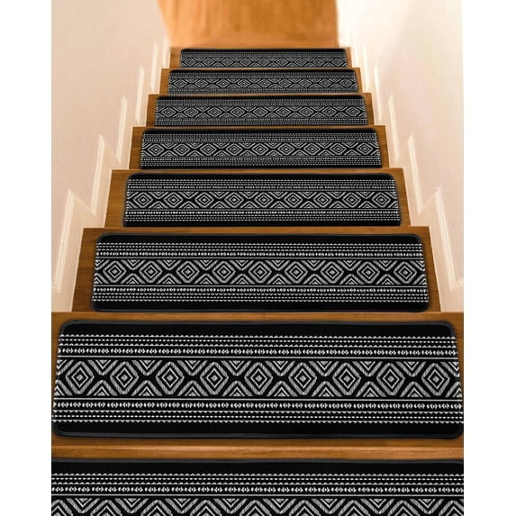 Stair Treads for Wooden Steps,Black Boho Geometric Peel and Stick Stair Treads with Reusable Adhesive,Vintage Southwestern Stripes Non Slip Indoor Stairs Runner Rugs Mats for Elders Dogs 8"x30" 15PCS
