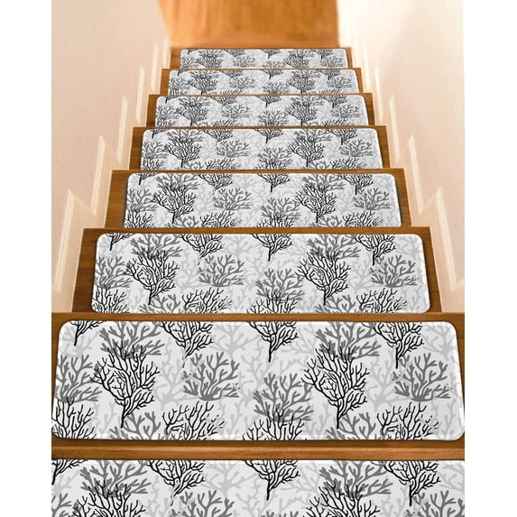 Stair Treads for Wooden Steps, Black Gray Coral Coastal Peel and Stick Stair Treads with Adhesive, Summer Beach Seaside Nautical Non Slip Indoor Stairs Runner Rugs Mats for Elders Dogs 8"x30"7PCS