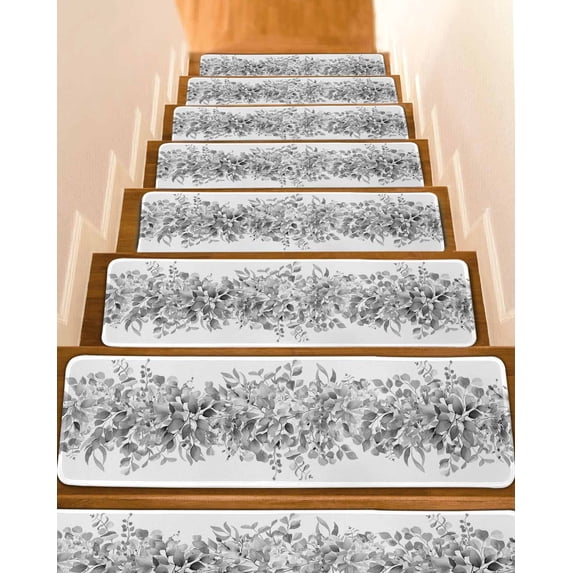 Stair Treads for Wooden Steps, Black Grey Eucalyptus Leaves Peel Stick Stair Treads with Adhesive, Spring Summer Botanical Floral Non Slip Indoor Stairs Runner Rugs Mats for Elders Dogs 8"x30"10PCS