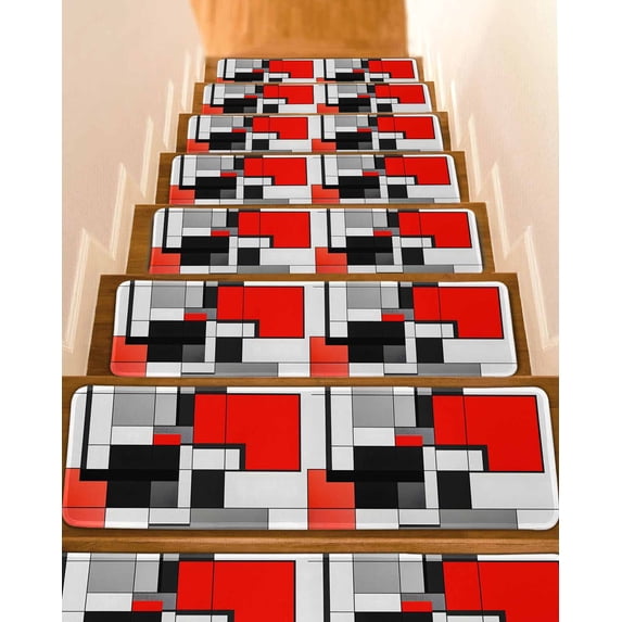 Stair Treads for Wooden Steps,Black Red Geometric Peel and Stick Stair Treads with Reusable Adhesive,Red White Abstract Art Modern Non Slip Indoor Stairs Runner Rugs Mats for Elders Dogs 8"x30" 7PCS