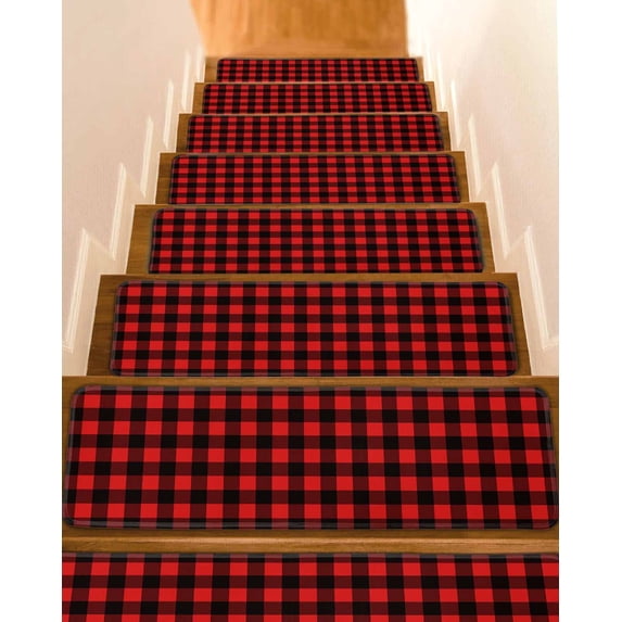 Stair Treads for Wooden Steps, Black Red Plaid Peel and Stick Stair Treads with Adhesive, Vintage Rustic Buffalo Checked Gingham Non Slip Indoor Stairs Runner Rugs Mats for Elders Dogs 8"x30"4PCS