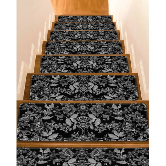 Stair Treads for Wooden Steps, Black and White Floral Peel and Stick Stair Treads with Adhesive, Modern Oil Painting Abstract Art Non Slip Indoor Stairs Runner Rugs Mats for Elders Dogs 8"x30"4PCS