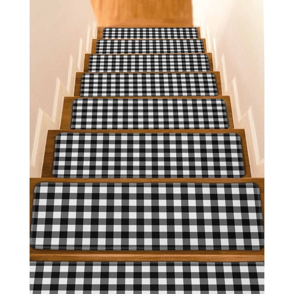 Stair Treads for Wooden Steps, Black White Plaid Peel and Stick Stair Treads with Adhesive, Modern Simple Buffalo Check Gingham Non Slip Indoor Stairs Runner Rugs Mats for Elders Dogs 8"x30"4PCS
