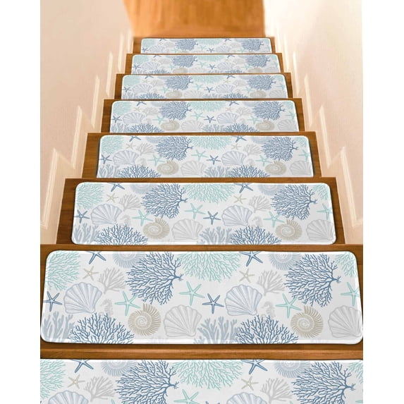 Stair Treads for Wooden Steps, Blue Aqua Grey Coastal Peel and Stick Stair Treads with Adhesive, Summer Beach Coral Shell Starfish Non Slip Indoor Stairs Runner Rugs Mats for Elders Dogs 8"x30"7PCS