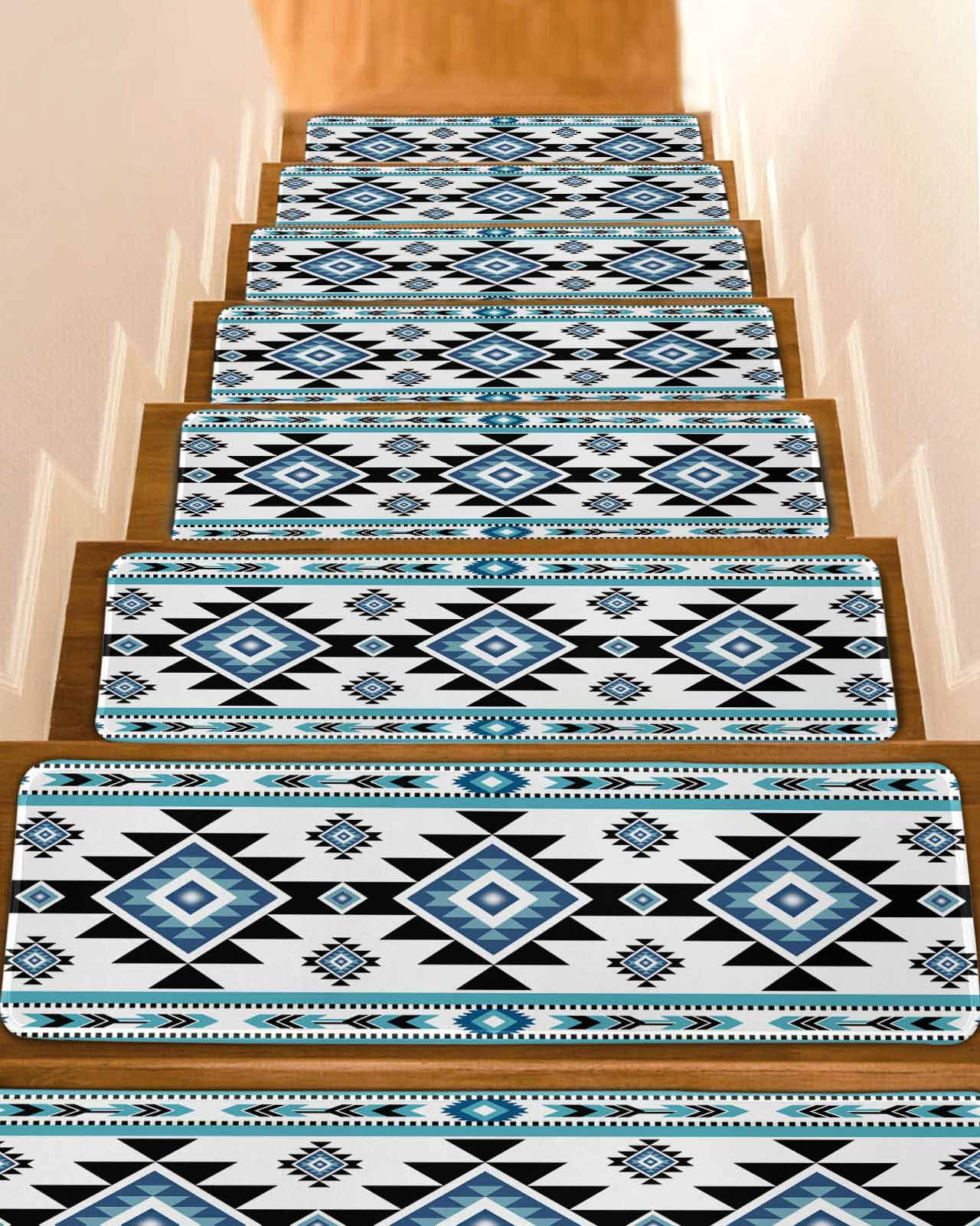 Stair Treads for Wooden Steps,Blue Aztecs Peel and Stick Stair Treads ...
