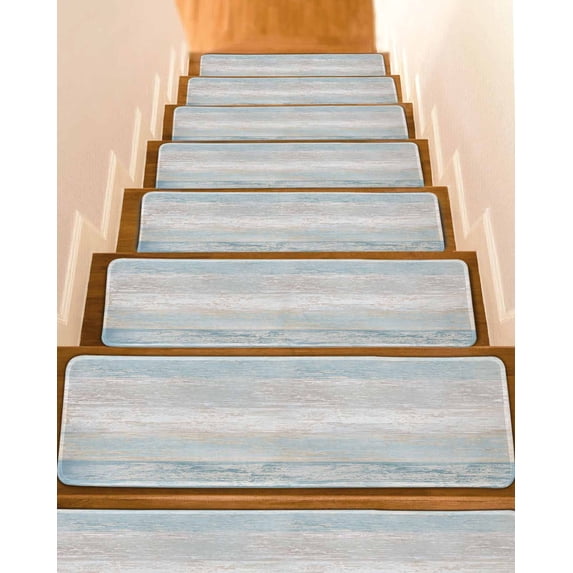 Stair Treads for Wooden Steps, Blue Beige Farmhouse Peel and Stick Stair Treads with Reusable Adhesive, Vintage Wooden Striped Non Slip Indoor Stairs Runner Rugs Mats for Elders Dogs 8"x30" 4PCS