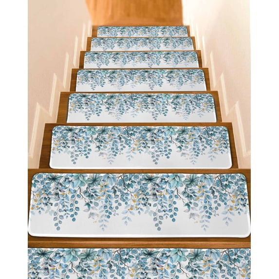 Stair Treads for Wooden Steps, Blue Eucalyptus Leaves Peel and Stick Stair Treads with Adhesive, Farmhouse Watercolor Floral Non Slip Indoor Stairs Runner Rugs Mats for Elders Dogs 8"x30"10PCS