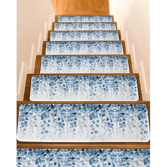 Stair Treads for Wooden Steps, Blue Eucalyptus Leaves Peel and Stick Stair Treads with Reusable Adhesive, Summer Botanical Weeping Non Slip Indoor Stairs Runner Rugs Mats for Elders Dogs 8"x30" 10PCS