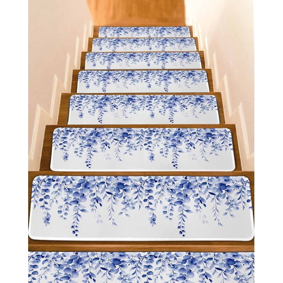 Stair Treads for Wooden Steps, Blue Eucalyptus Peel and Stick Stair Treads with Adhesive, Botanical Plant Rustic Succulent Branch Non Slip Indoor Stairs Runner Rugs Mats for Elders Dogs 8"x30"4PCS