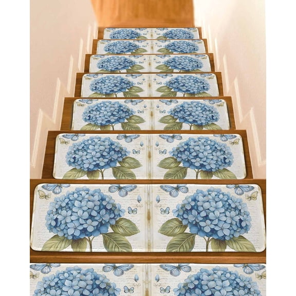 Stair Treads for Wooden Steps,Blue Hydrangea Peel and Stick Stair Treads with Reusable Adhesive,Spring Vintage Botanical Butterfly Non Slip Indoor Stairs Runner Rugs Mats for Elders Dogs 8"x30" 4PCS