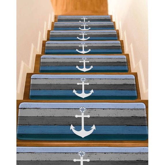 Stair Treads for Wooden Steps, Blue Nautical Anchor Peel and Stick Stair Treads with Adhesive, Rustic Distressed Wood Grain Non Slip Indoor Stairs Runner Rugs Mats for Elders Dogs 8"x30"10PCS