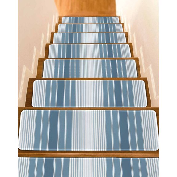 Stair Treads for Wooden Steps, Blue Ombre Stripe Peel and Stick Stair Treads with Reusable Adhesive, Farmhouse Simple Striped Non Slip Indoor Stairs Runner Rugs Mats for Elders Dogs 8"x30" 4PCS