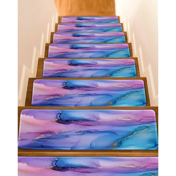 Stair Treads for Wooden Steps, Blue Purple Ombre Peel and Stick Stair Treads with Adhesive, Marble Modern Ink Painted Abstract Non Slip Indoor Stairs Runner Rugs Mats for Elders Dogs 8"x30"4PCS