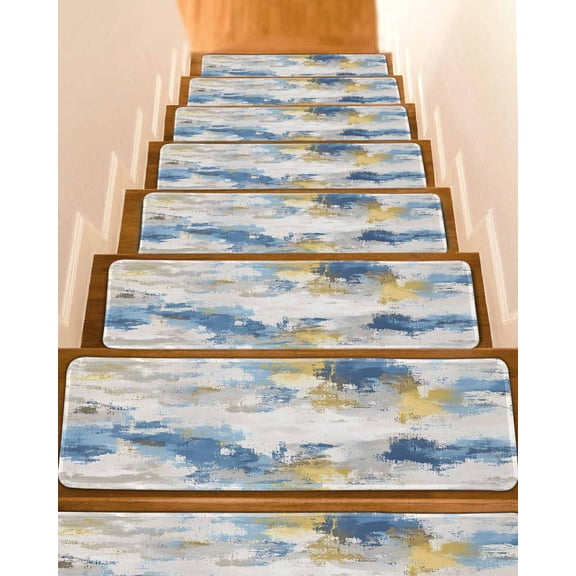 Stair Treads for Wooden Steps,Blue Yellow Beige Peel and Stick Stair Treads with Adhesive,Retro Abstract Modern Art Painting Non Slip Indoor Stairs Runner Rugs Mats for Elders Dogs 8"x30" 10PCS