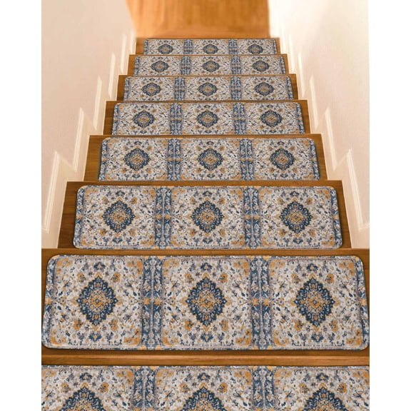 Stair Treads for Wooden Steps, Boho Chic Ethnic Peel and Stick Stair Treads with Reusable Adhesive, Orange Blue Vintage Tribes Non Slip Indoor Stairs Runner Rugs Mats for Elders Dogs 8"x30" 4PCS