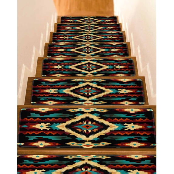 Stair Treads for Wooden Steps,Boho Orange Teal Peel and Stick Stair Treads with Adhesive,Vintage Geometric Southwestern Ethnic Non Slip Indoor Stairs Runner Rugs Mats for Elders Dogs 8"x30" 15PCS