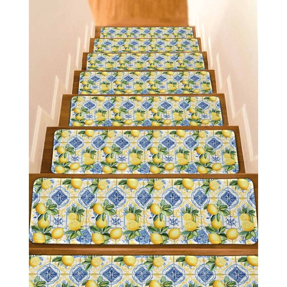 Stair Treads for Wooden Steps,Botanical Lemon Peel and Stick Stair Treads with Adhesive,Spring Countryside Floral Blue Tile Non Slip Indoor Stairs Runner Rugs Mats for Elders Dogs 8"x30" 4PCS