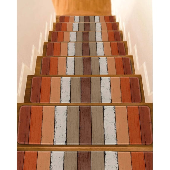 Stair Treads for Wooden Steps, Burnt Orange Brown Peel and Stick Stair Treads with Reusable Adhesive, Farmhouse Vintage Wooden Non Slip Indoor Stairs Runner Rugs Mats for Elders Dogs 8"x30" 4PCS