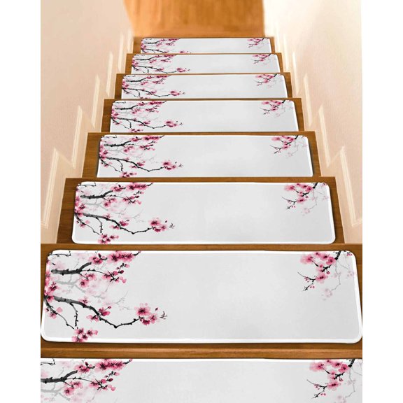 Stair Treads for Wooden Steps, Cherry Blossoms Peel and Stick Stair Treads with Adhesive, Pink Pastoral Modern Gradient Spring Non Slip Indoor Stairs Runner Rugs Mats for Elders Dogs 8"x30"10PCS