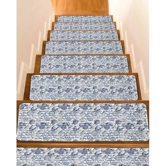 Stair Treads for Wooden Steps,Coastal Blue Peel and Stick Stair Treads with Adhesive,Ocean Starfish Retro Conch Summer Shell Non Slip Indoor Stairs Runner Rugs Mats for Elders Dogs 8"x30" 4PCS