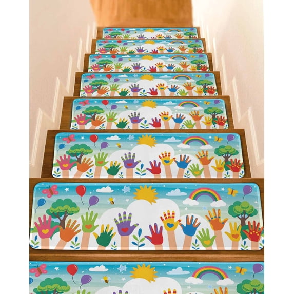 Stair Treads for Wooden Steps, Colorful Love Heart Hand Peel and Stick Stair Treads with Adhesive, Rainbow Sky Cartoon Kids Hands Non Slip Indoor Stairs Runner Rugs Mats for Elders Dogs 8"x30"10PCS