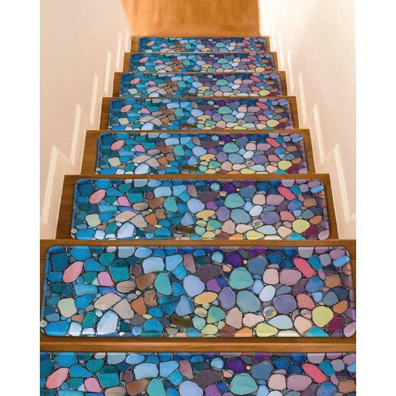 Stair Treads for Wooden Steps, Colorful Stone Peel and Stick Stair Treads with Adhesive, Rainbow Abstract Oil Painting Brushwork Non Slip Indoor Stairs Runner Rugs Mats for Elders Dogs 8"x30"10PCS