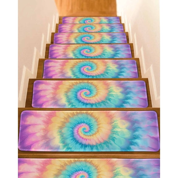 Stair Treads for Wooden Steps,Colorful Tie Dye Peel and Stick Stair Treads with Adhesive,Rainbow Ombre Abstract Pattern Art Non Slip Indoor Stairs Runner Rugs Mats for Elders Dogs 8"x30" 15PCS