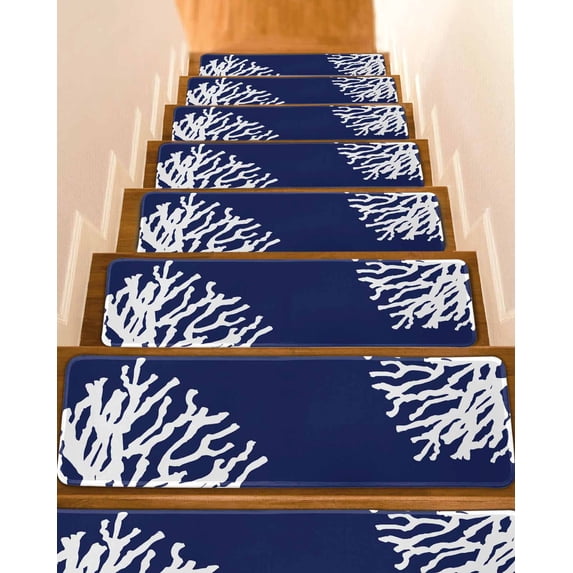 Stair Treads for Wooden Steps, Coral Navy Blue Peel and Stick Stair Treads with Adhesive, Coastal Ocean Marine Nautical Beach Non Slip Indoor Stairs Runner Rugs Mats for Elders Dogs 8"x30"4PCS