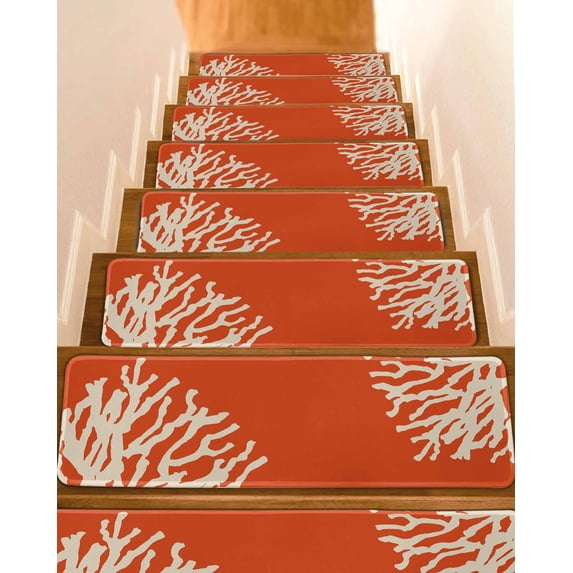 Stair Treads for Wooden Steps, Coral Orange Peel and Stick Stair Treads with Adhesive, Coastal White Ocean Marine Nautical Beach Non Slip Indoor Stairs Runner Rugs Mats for Elders Dogs 8"x30"10PCS