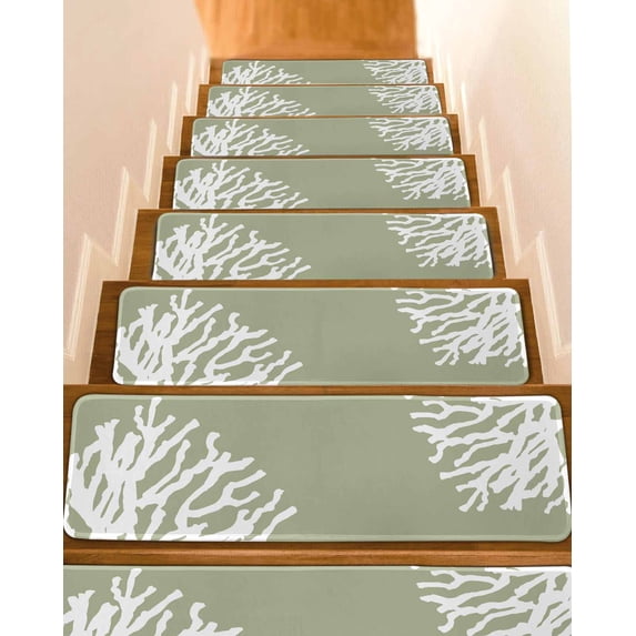 Stair Treads for Wooden Steps, Coral Sage Green Peel and Stick Stair Treads with Adhesive, Coastal White Ocean Marine Nautical Beach Non Slip Indoor Stairs Runner Rugs Mats for Elders Dogs 8"x30"7PCS