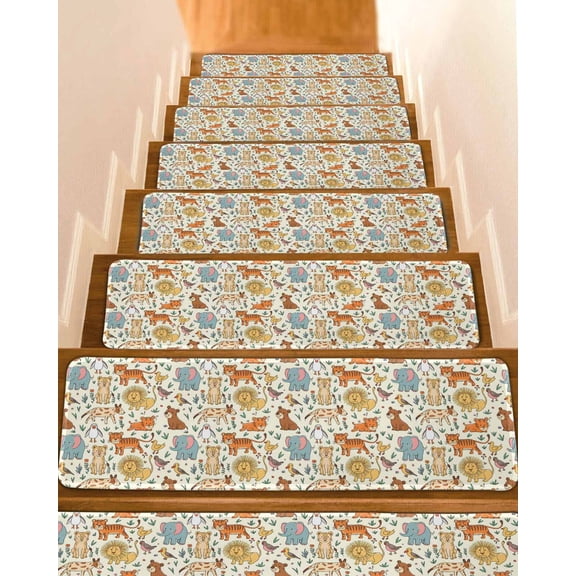 Stair Treads for Wooden Steps, Cute Animals Zoo Peel and Stick Stair Treads with Reusable Adhesive, Cartoon Funny Elephant Tiger Non Slip Indoor Stairs Runner Rugs Mats for Elders Dogs 8"x30" 4PCS