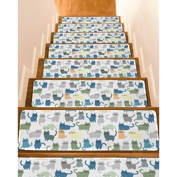 Stair Treads for Wooden Steps, Cute Cats Animals Peel and Stick Stair Treads with Reusable Adhesive, Pets Colorful Cartoon Simple Non Slip Indoor Stairs Runner Rugs Mats for Elders Dogs 8"x30" 4PCS