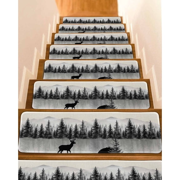 Stair Treads for Wooden Steps, Deer Forest Peel and Stick Stair Treads with Adhesive, Farmhouse Vintage Nature Trees Mountain Non Slip Indoor Stairs Runner Rugs Mats for Elders Dogs 8"x30"4PCS