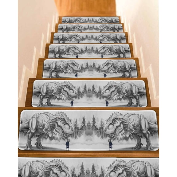 Stair Treads for Wooden Steps, Dinosaurs Boy Peel and Stick Stair Treads with Reusable Adhesive, Gray Funny Cartoon Forest Animals Non Slip Indoor Stairs Runner Rugs Mats for Elders Dogs 8"x30" 4PCS