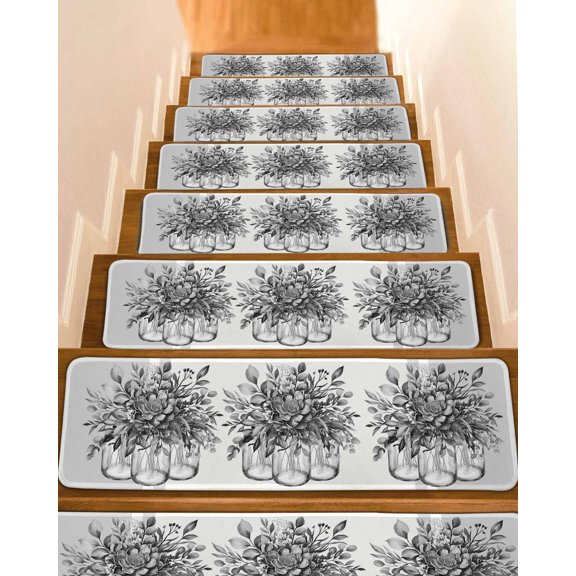 Stair Treads for Wooden Steps, Eucalyptus Gray Peel and Stick Stair Treads with Adhesive, Stripes Bottle Flower Cactus Plant Non Slip Indoor Stairs Runner Rugs Mats for Elders Dogs 8"x30"4PCS