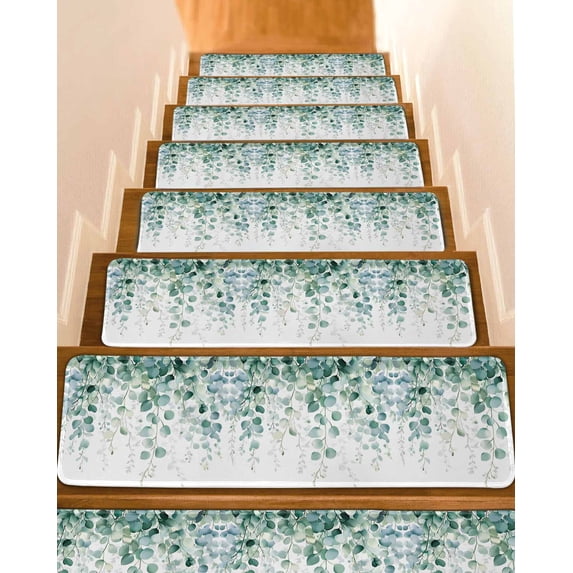 Stair Treads for Wooden Steps, Eucalyptus Leaves Peel and Stick Stair Treads with Adhesive, Green Botanical Summer Spring Leaves Non Slip Indoor Stairs Runner Rugs Mats for Elders Dogs 8"x30"7PCS