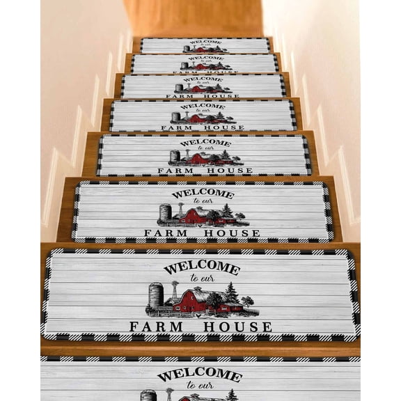 Stair Treads for Wooden Steps, Farmhouse Cabin Peel and Stick Stair Treads with Adhesive, Country Vintage House Wood Grain Pliad Non Slip Indoor Stairs Runner Rugs Mats for Elders Dogs 8"x30"7PCS