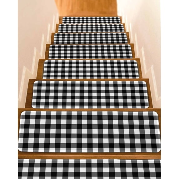 Stair Treads for Wooden Steps, Farmhouse Checkered Peel and Stick Stair Treads with Reusable Adhesive, Black White Buffalo Plaid Non Slip Indoor Stairs Runner Rugs Mats for Elders Dogs 8"x30" 4PCS