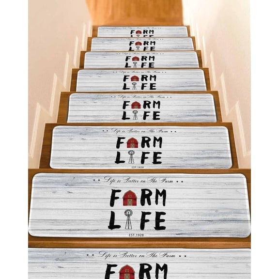 Stair Treads for Wooden Steps, Farmhouse Life Peel and Stick Stair Treads with Reusable Adhesive, Barn Animals Grey Vintage Wooden Non Slip Indoor Stairs Runner Rugs Mats for Elders Dogs 8"x30" 4PCS