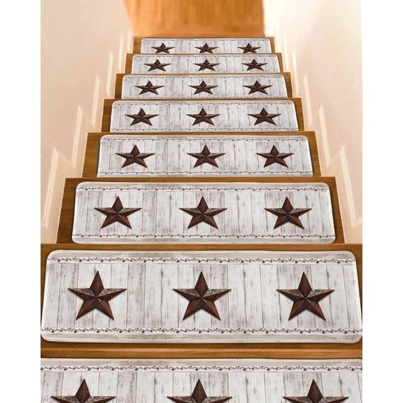 Stair Treads for Wooden Steps,Farmhouse Peel and Stick Stair Treads with Adhesive,Rustic Brown Country Star Barn Berry Wooden Non Slip Indoor Stairs Runner Rugs Mats for Elders Dogs 8"x30" 4PCS